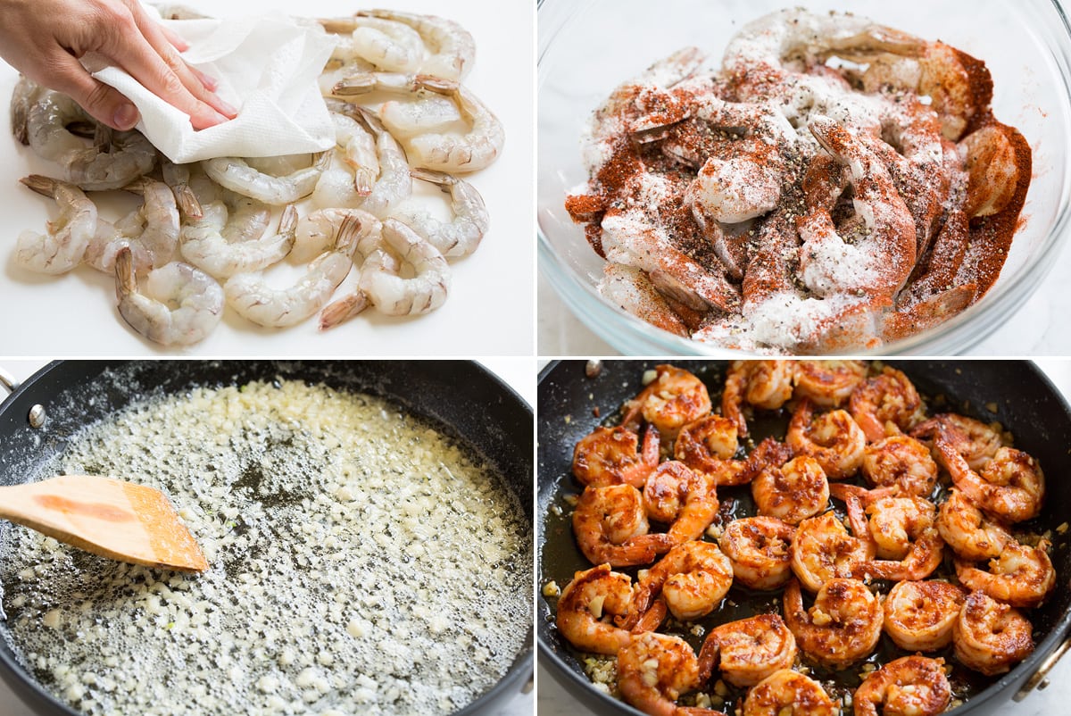 Gamberetti Hawaiani All'aglio Collage image of four steps showing how to prepare Hawaiian garlic shrimp. Includes drying shrimp with paper towels, tossing shrimp in a bowl with spices and flour, sauteeing garlic with butter and cooking shrimp in pan.