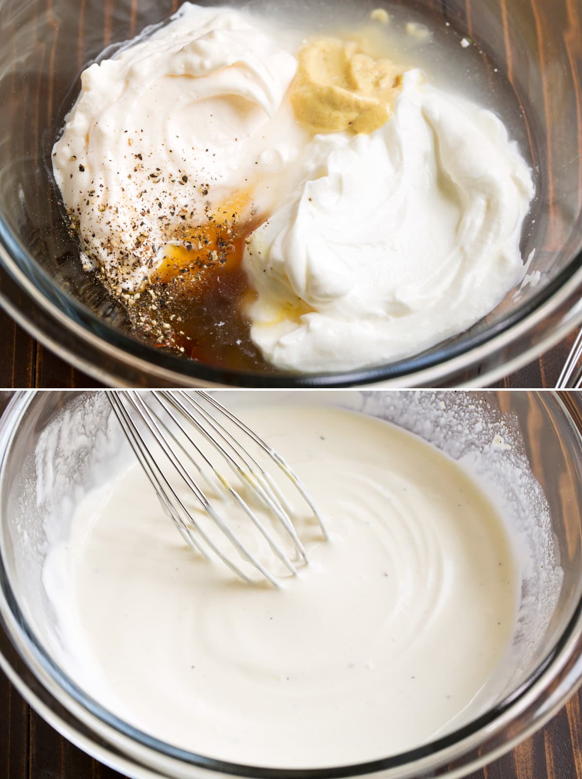 Insalata di pasta Collage image of macaroni salad dressing in a mixing bowl shown before and after mixing.