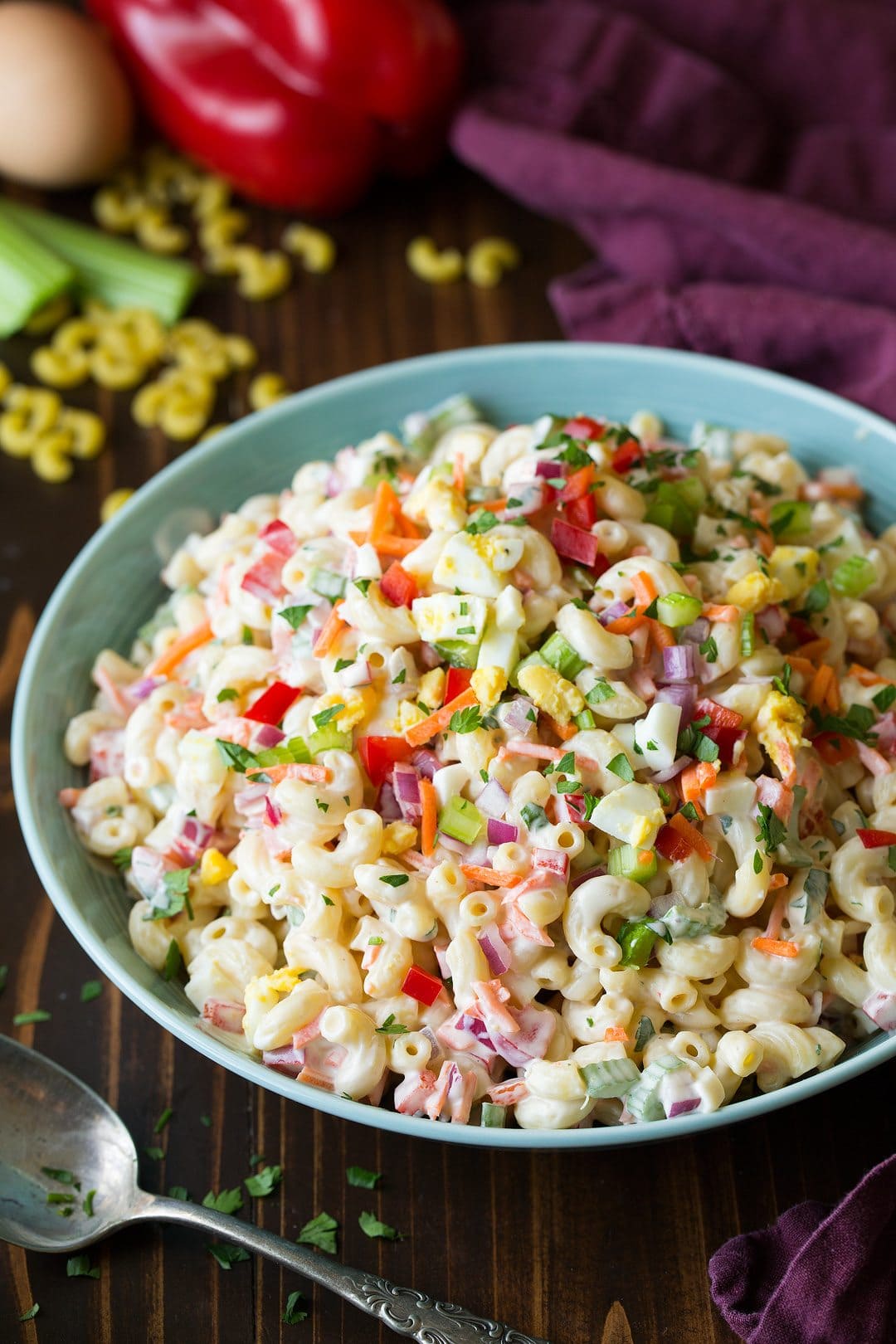 Piatto da portata di maccheroni Insalata con cipolla rossa, sedano, peperoni, carote e uovo