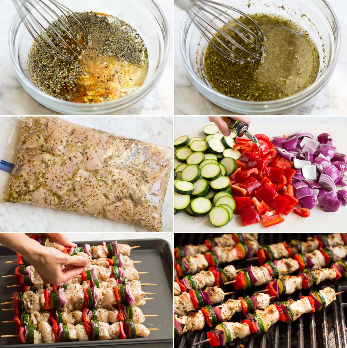 Collage di 6 immagini che mostrano i passaggi per preparare la marinata, ammollo del pollo greco, condire le verdure con olio, infilare gli ingredienti negli spiedini e grigliare i kebab. Collage of 6 images showing steps of making marinade, greek chicken soaking, drizzling vegetables with oil, threading ingredients onto skewers and grilling kebabs.