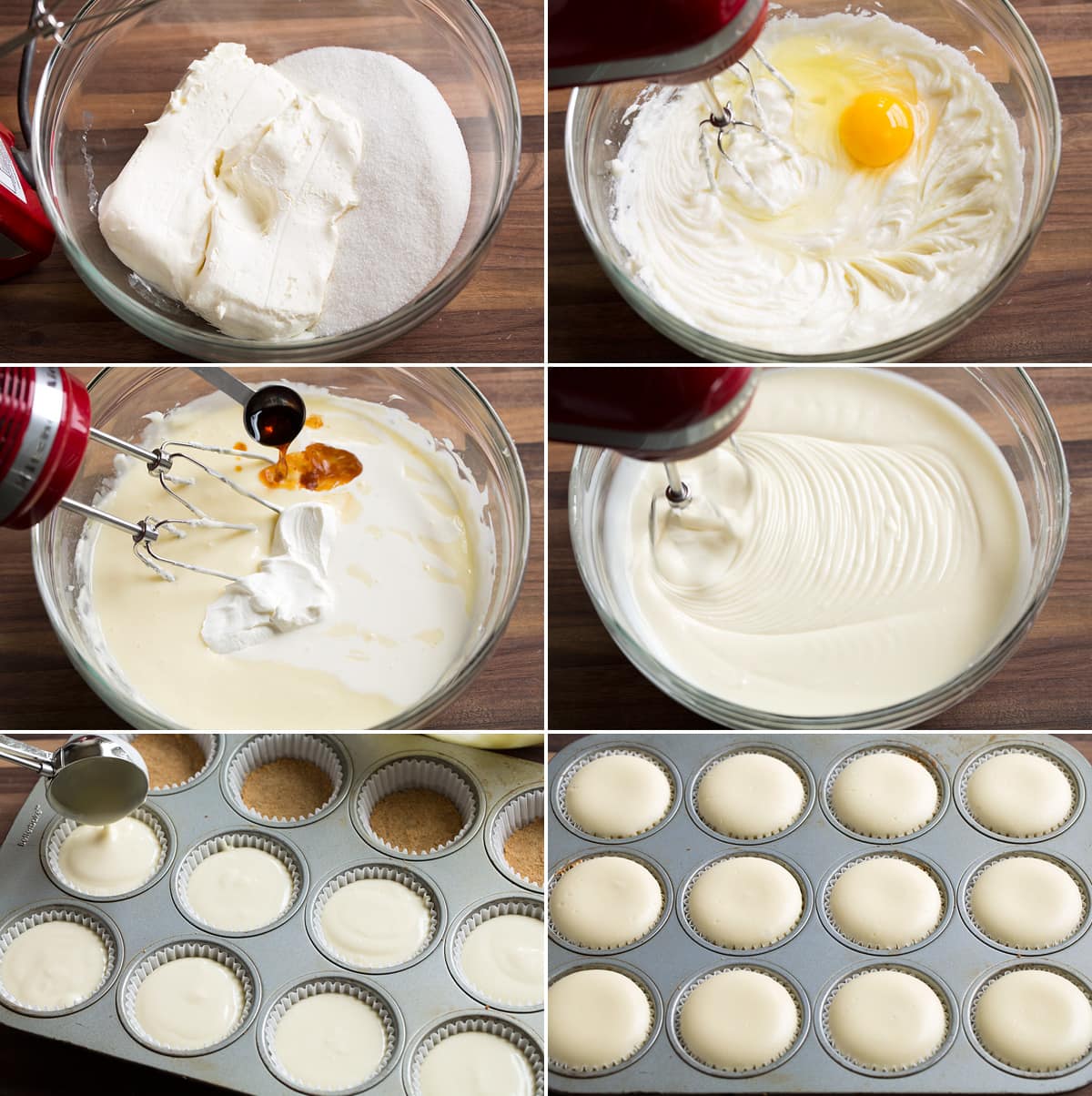 Mini cheesecakes Collage image showing 6 steps to preparing cheesecake filling and pouring into cupcake pan.