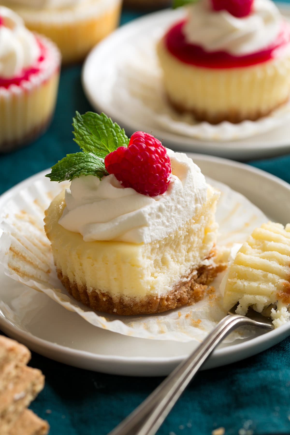 Mini cheesecakes Mini cheesecake cut into with a work to show interior texture.