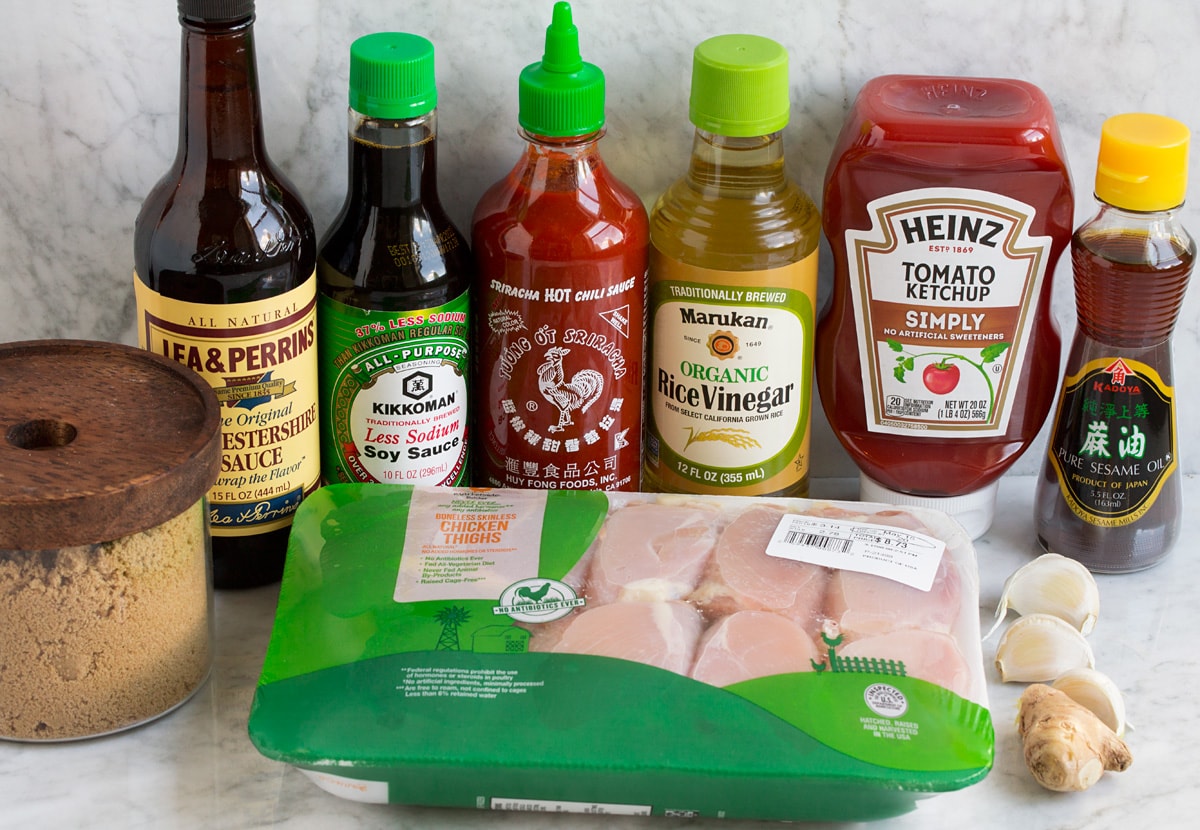 Pollo Huli Huli Image of ingredients used to make hawaiian huli huli chicken. Includes chicken thighs, brown sugar, Worcestershire sauce, soy sauce, sriracha, rice vinegar, ketchup, sesame oil, ginger and garlic.