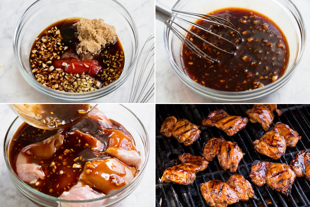 Pollo Huli Huli Collage of four images showing steps to making huli huli chicken marinade, marinating chicken and grilling chicken.
