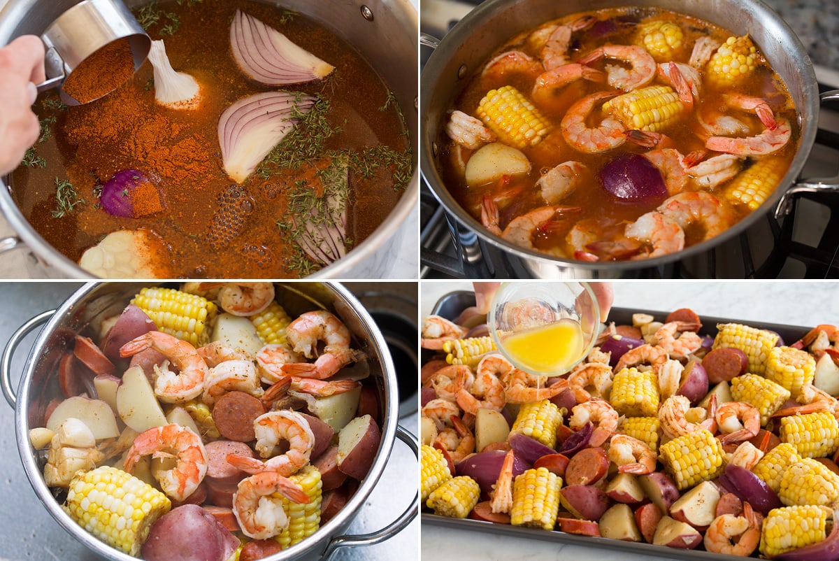 Bollire i gamberetti Collage image of four steps showing how to make shrimp boil in a pot, then draining in a colander and pouring butter over mixture on a platter.