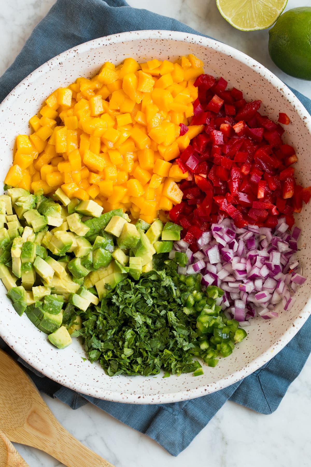 Salsa di mango (con avocado!) Prepared mango salsa ingredients shown in sections in a mixing bowl before tossing together.