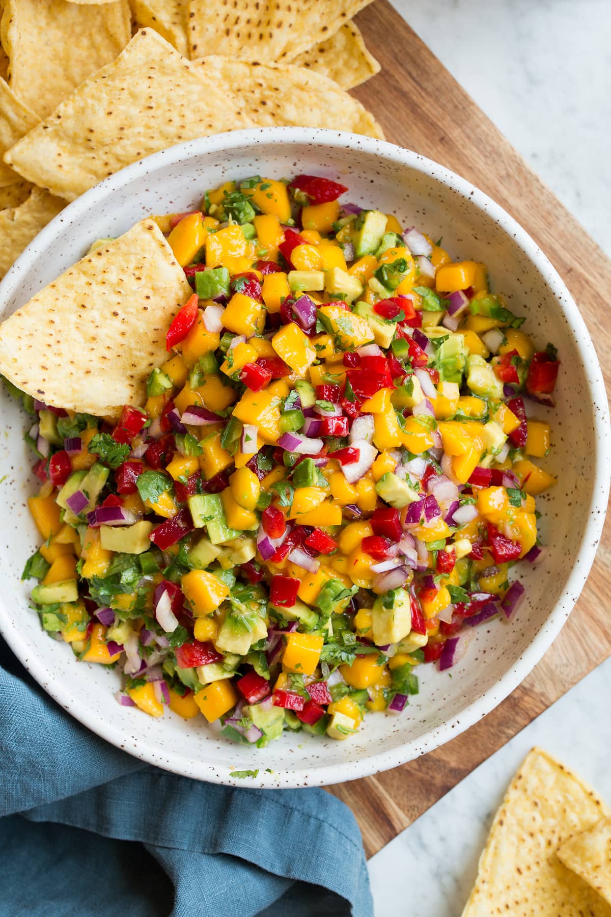 Salsa di mango (con avocado!) Overhead image of mango salsa with avocado.