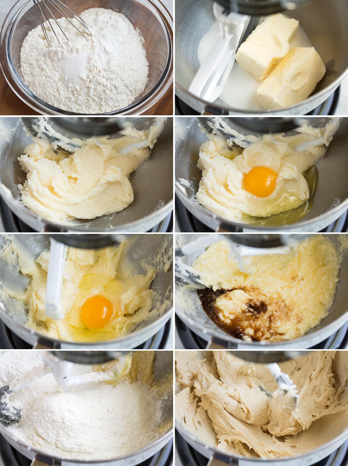 Zucchero Cookie Bar Collage image of 10 steps showing how to make sugar cookie bar batter in an electric mixer bowl with paddle.