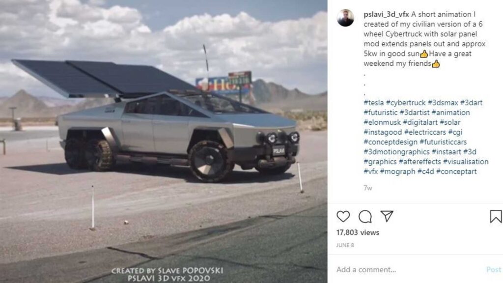 Vedere Tesla Cybertruck a sei ruote con enorme matrice solare su richiesta