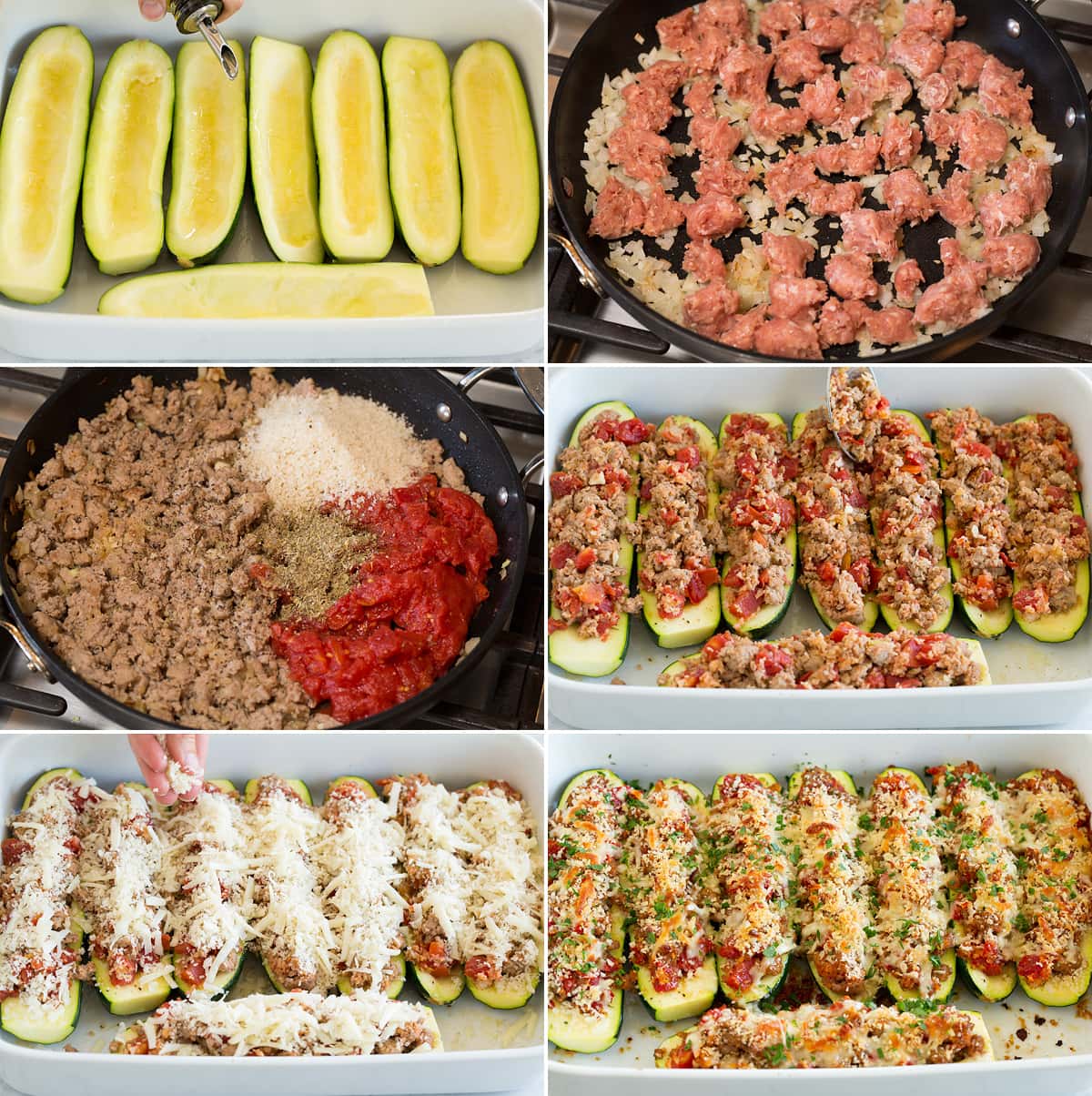 Zucchine a barchetta Collage of six images showing steps of making zucchini boats. Shows hollowed out zucchini boats in a baking dish. Browning onion and sausage. Adding panko, seasoning and tomatoes. Filling boats. Topping with cheeses. And shows finished after baking.