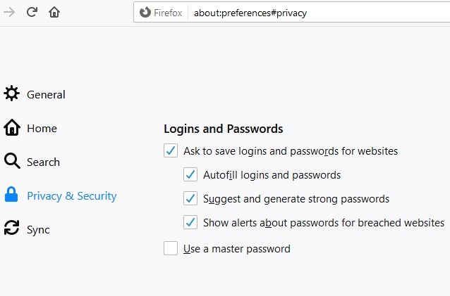 Password Browser Punti Sicurezza sulla privacy di Firefox