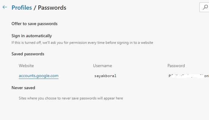 Password Browser Dots Edge Password visualizzata