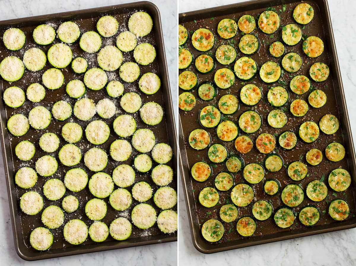 Zucchine Al Forno Collage of two images showing zucchini slices on a baking sheet before and after roasting.