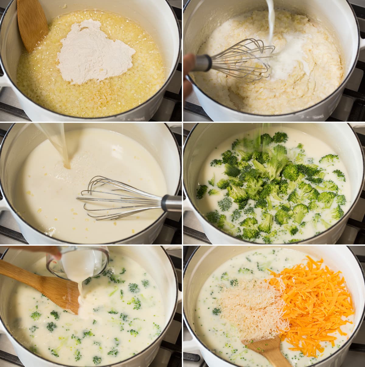 La MIGLIORE zuppa di formaggio e broccoli Collage of six images showing steps of making broccoli cheese soup. Shows making roux and bachamel sauce, adding broccoli and cooking, mixing in cream and finishing with shredded cheeses.