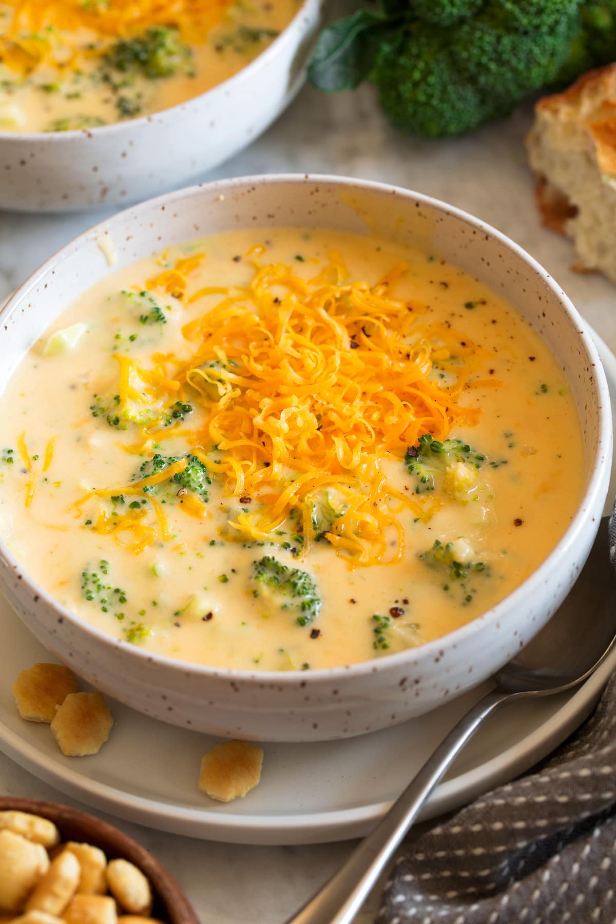 Zuppa broccoli e formaggio Single serving of broccoli cheese soup in a white bowl with crackers to the side.