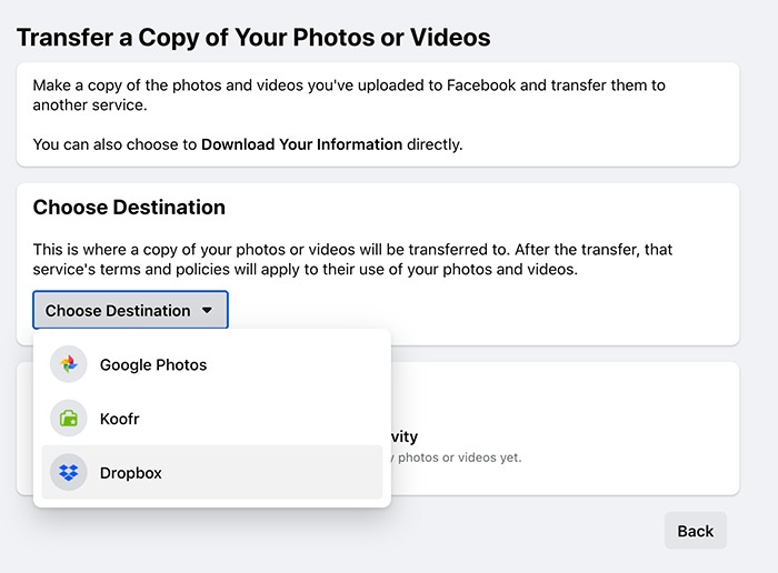 Transfer Facebook Photos Videos Choose Destination