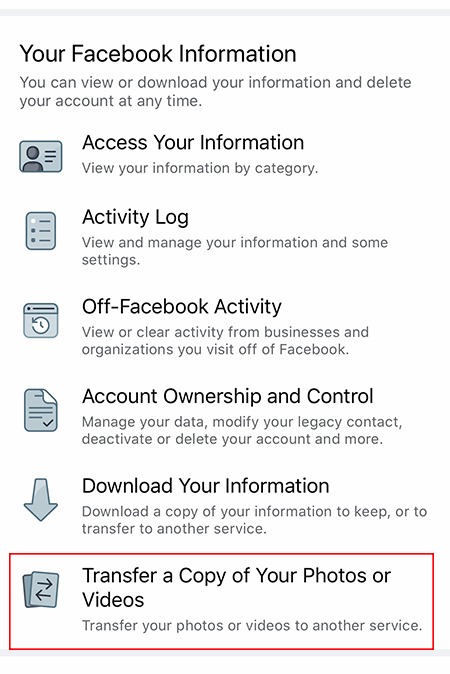 Transfer Facebook Photos Videos App Information