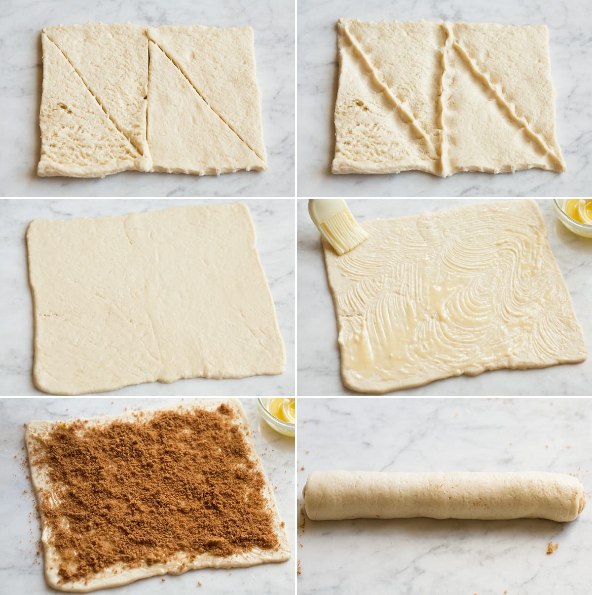 Mini involtini alla cannella Collage of six images showing steps of rolling out crescent dough for mini cinnamon rolls. Also shows sprinkling with brown sugar mixture and rolling.