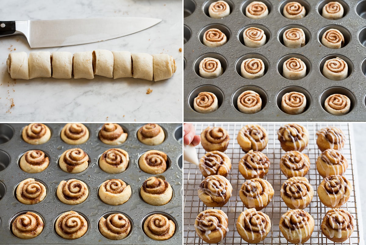 Mini involtini alla cannella Collage of four images showing mini cinnamon rolls beings sliced. Then in mini muffin tin before and after baking. And lastly shows finished mini cinnamon rolls being drizzled with icing.