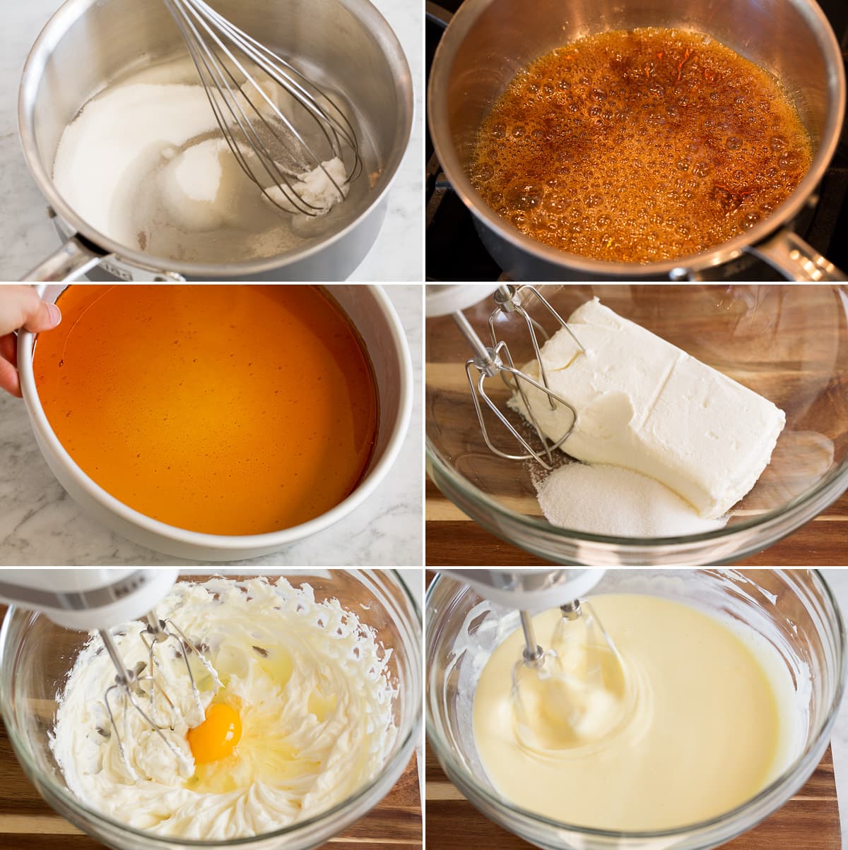 Ricetta Flan Collage of six images showing steps to making flan caramel in a saucepan, pouring to cake pan, and beginning to make flan filling in a glass bowl.