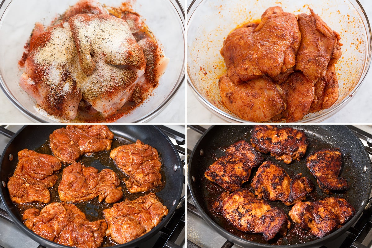 Taco di pollo Collage of four images showing steps to preparing and cooking chicken for tacos. Shows tossing chicken with spices in a bowl and searing in a large non-stick skillet.