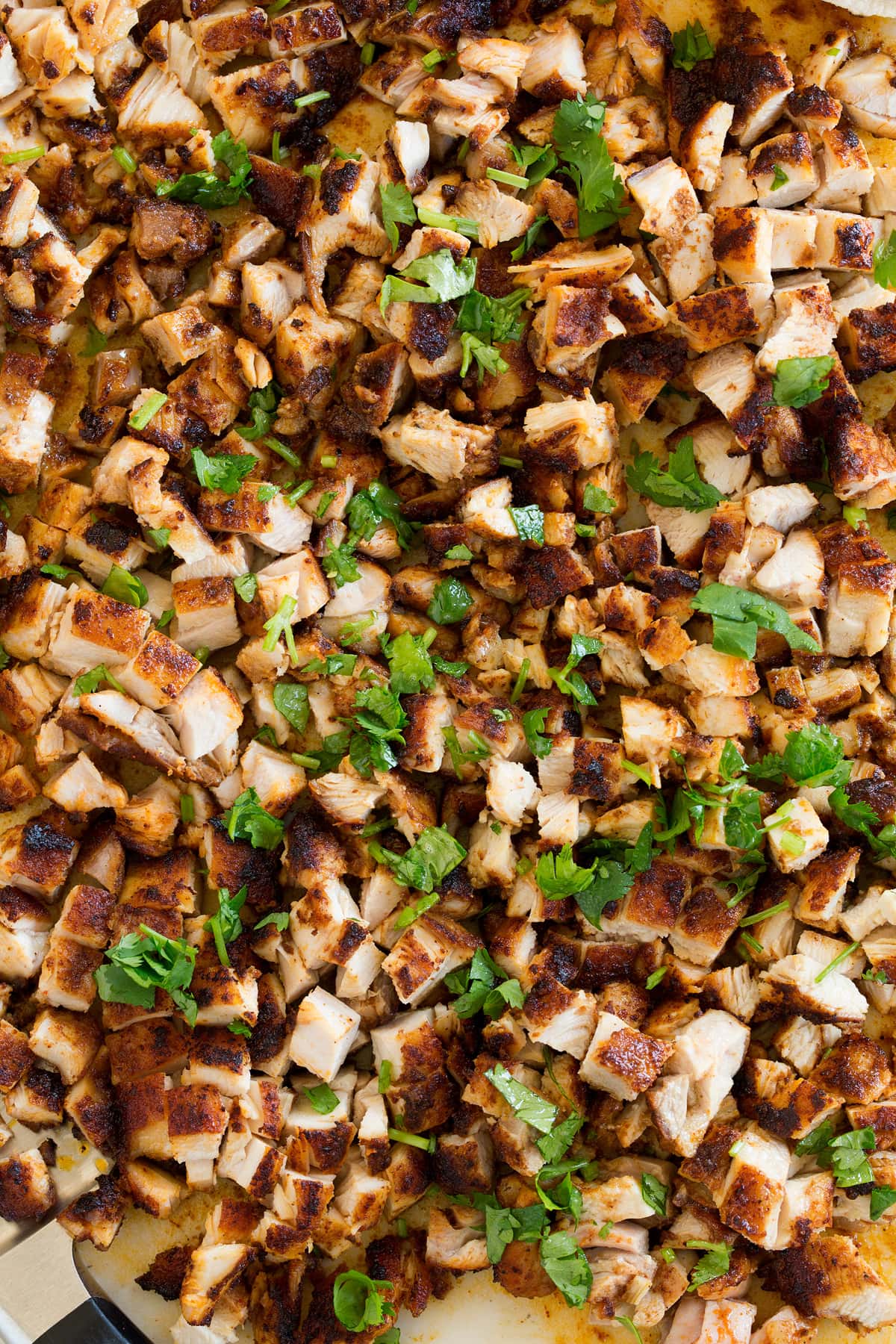 Taco di pollo Close up overhead image of chopped, seared chicken pieces on a cutting board.