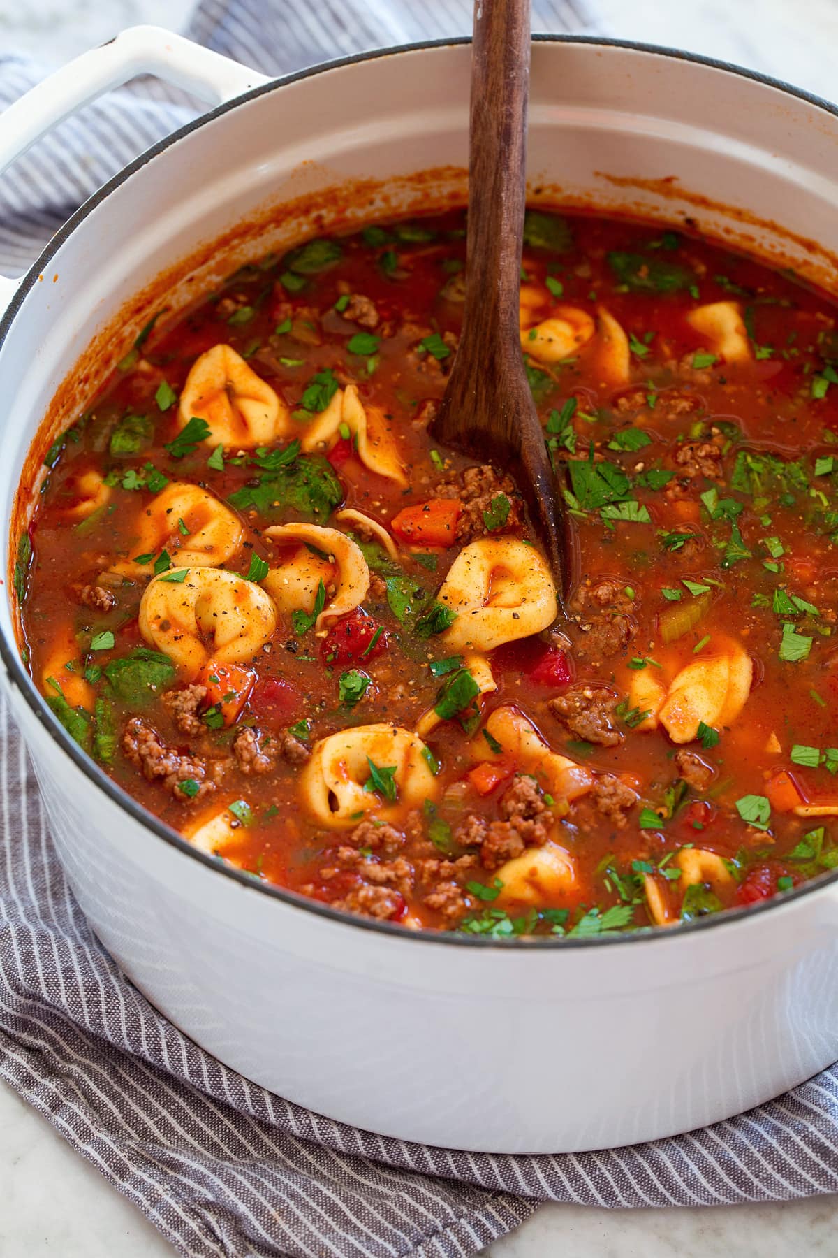 White pot full of tortellini soup.