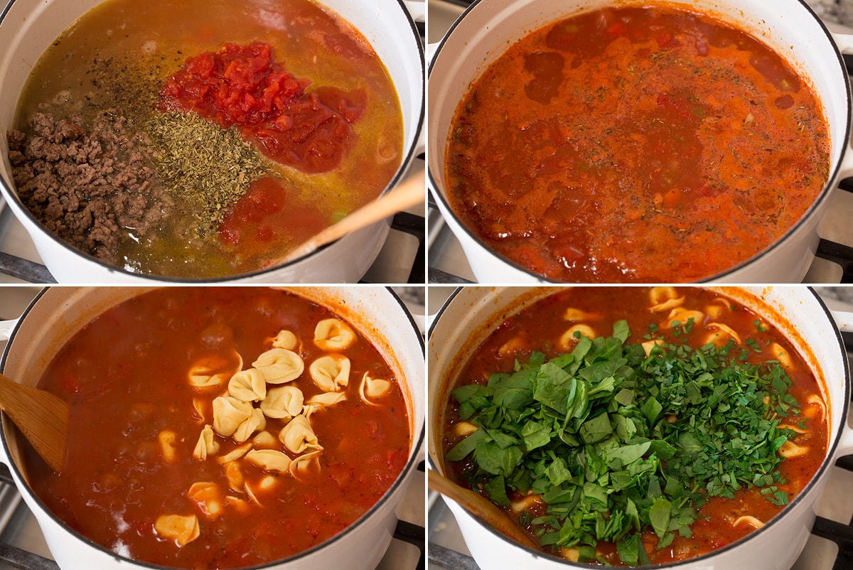 Collage of four images showing mixing liquid ingredients for soup, simmering, adding tortellini and spinach.