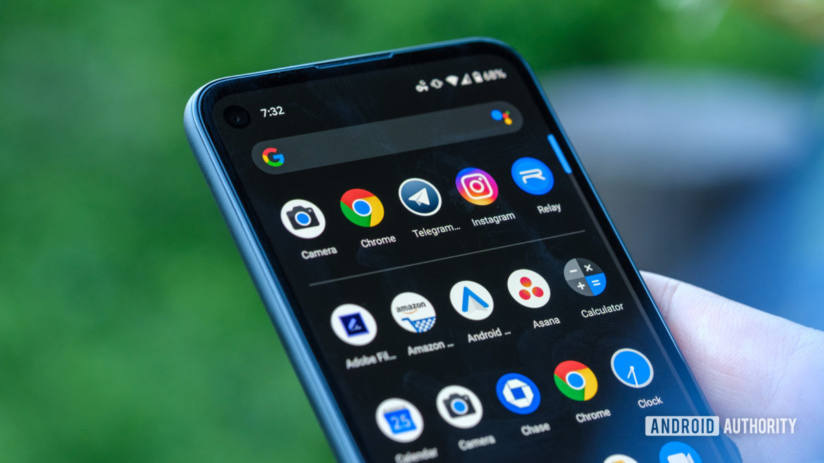 Google Pixel 4a upper half of display with apps