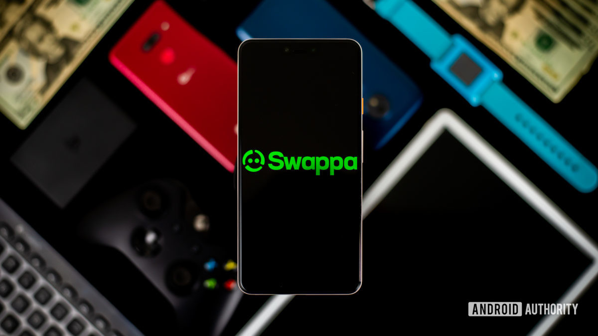 Swappa logo on smartphone with devices on background stock
