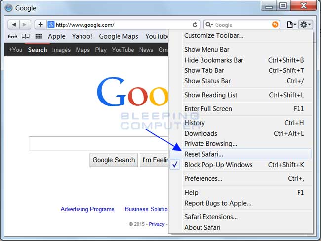 Menu delle opzioni di Safari