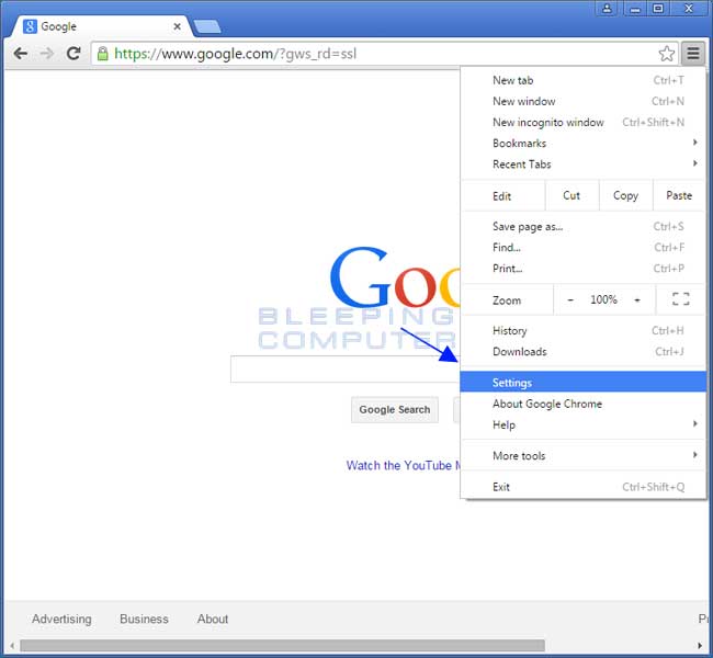 Opzione impostazioni menu Chrome