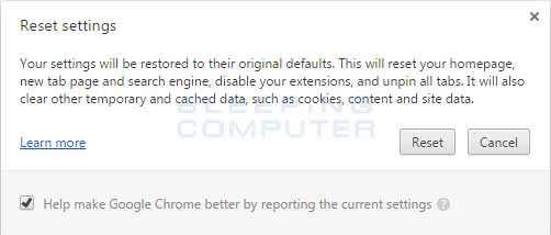 Reimposta Chrome Conferma