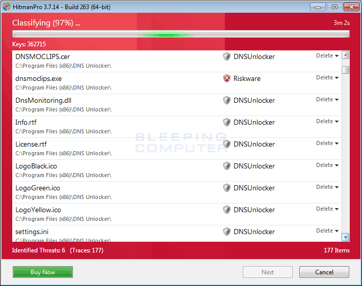 Risultati della scansione di MalwareBytes
