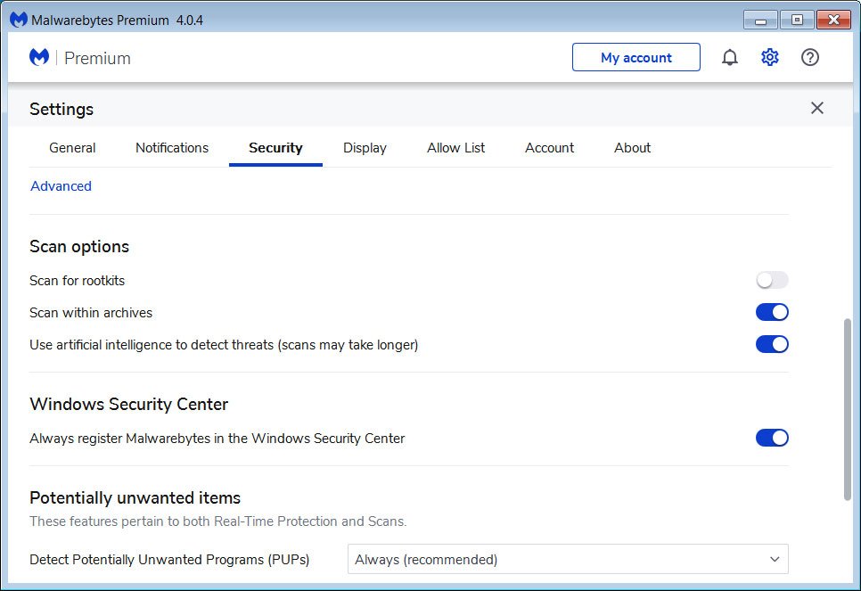 Pagina delle impostazioni di rilevamento e protezione di Malwarebytes Anti-Malware