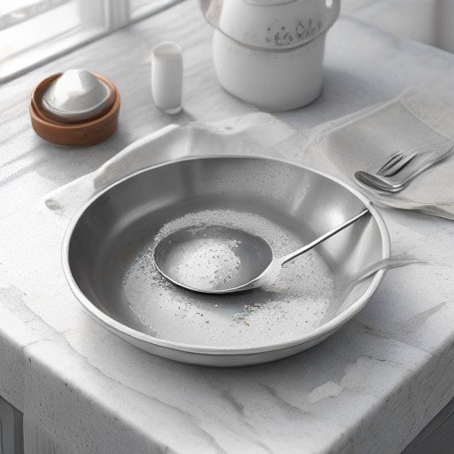 Posate d'argento annerite immerse in una ciotola con acqua calda, bicarbonato e alluminio